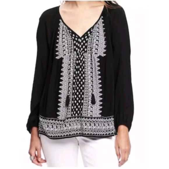 NWT Old Navy Boho Crinkle Gauze Swing Top M Black Peasant Long Sleeve Blouse - Picture 1 of 15